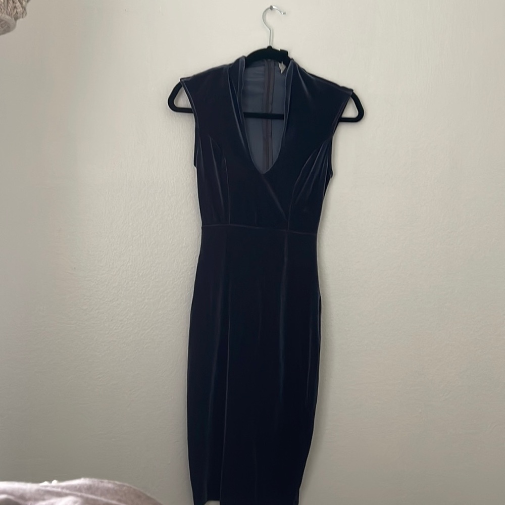 Blue grey velvet midi dress